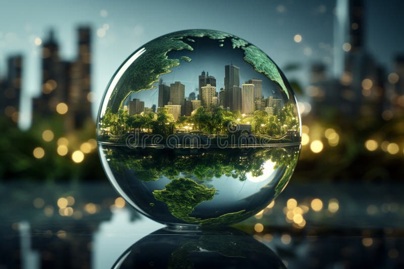 Glass ball with house and tree inside. 3d illustration. save the world concept vector illustration