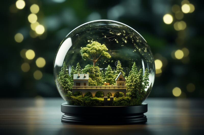 Glass ball with house and tree inside. 3d illustration. save the world concept vector illustration