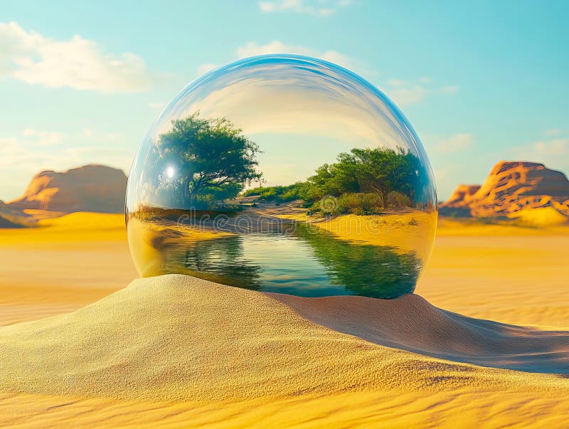 A glass ball sitting on top of a sand dune in the desert stock images