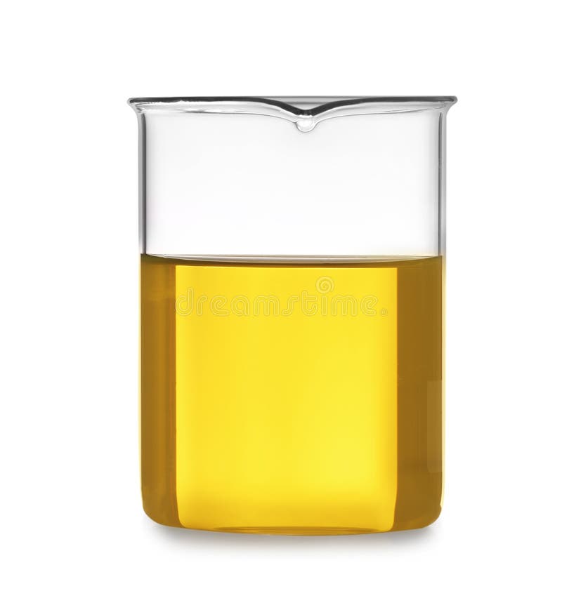 Glass beaker with liquid on white background