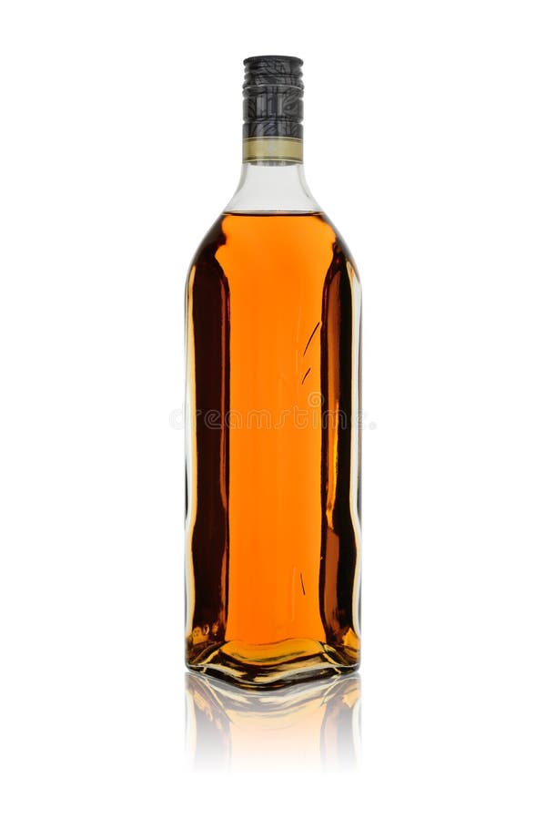 Glass Bottle of Alcoholic Drink Rum or Brandy with Reflection. Isolated