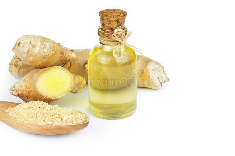 Glass bottle of essential ginger oil, ginger root and powder isolated on white background