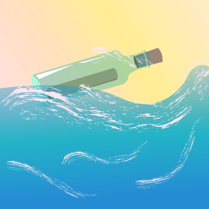 A glass bottle floating in the ocean with a message inside. Vector illustration. stock illustration A glass bottle floating in the ocean with a message inside. Vector illustration. stock illustration