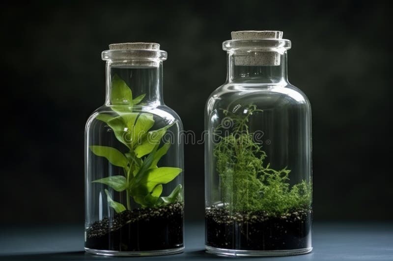 Glass Bottle with Green Ecosystem Flora. Generate Ai Stock Illustration