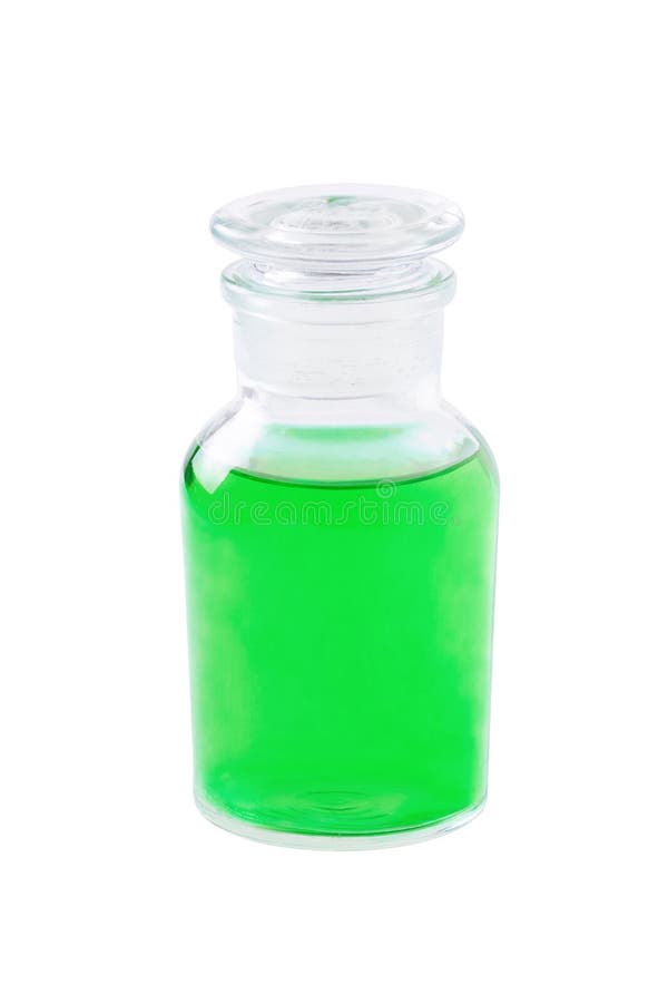 Glass bottle with green liquid isolated on white, medicine, soap, shampoo, dish washing, shower gel, herbal extract, chemistry, mo