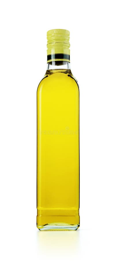 Glass bottle of olive oil, isolated on white background. File contains a path to isolation.