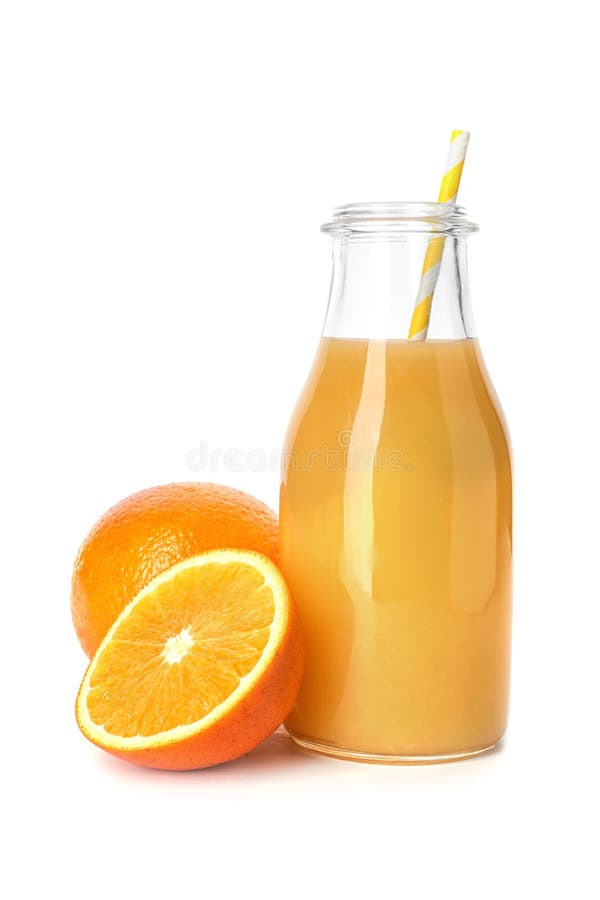 Glass Bottle of Orange Juice and Fresh Fruit Stock Photo Image of
