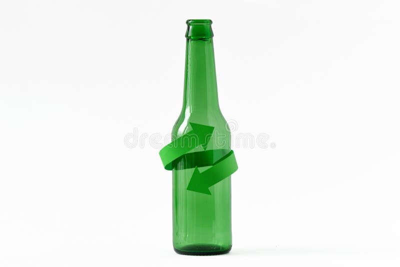Glass Bottle with Recycling Symbol on White Background Stock Image