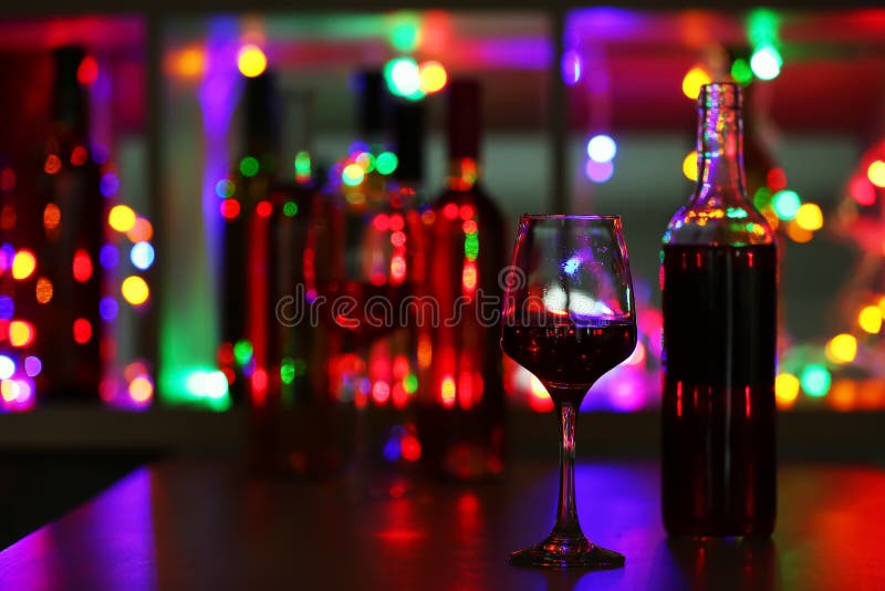 Glass and Bottle of Wine on Bar Counter Stock Image Image of bottle