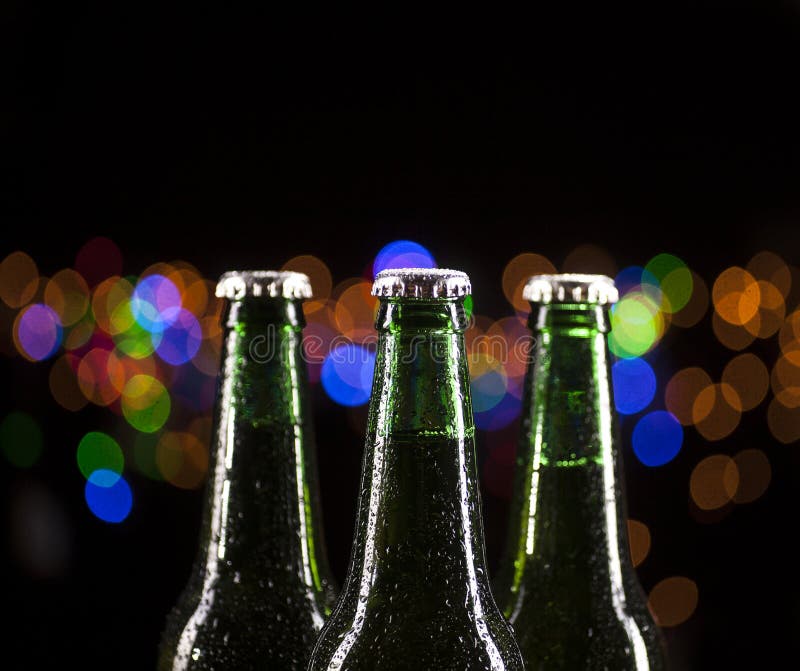 Glass Bottles of Beer on Bar Lights Background Stock Photo Image of