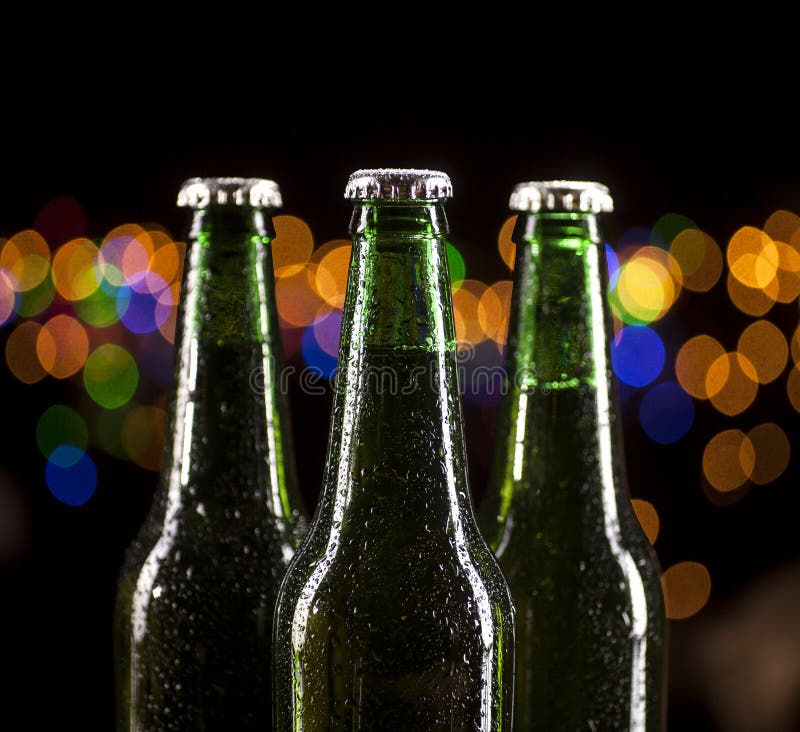 Glass Bottles of Beer on Bar Lights Background Stock Image Image of