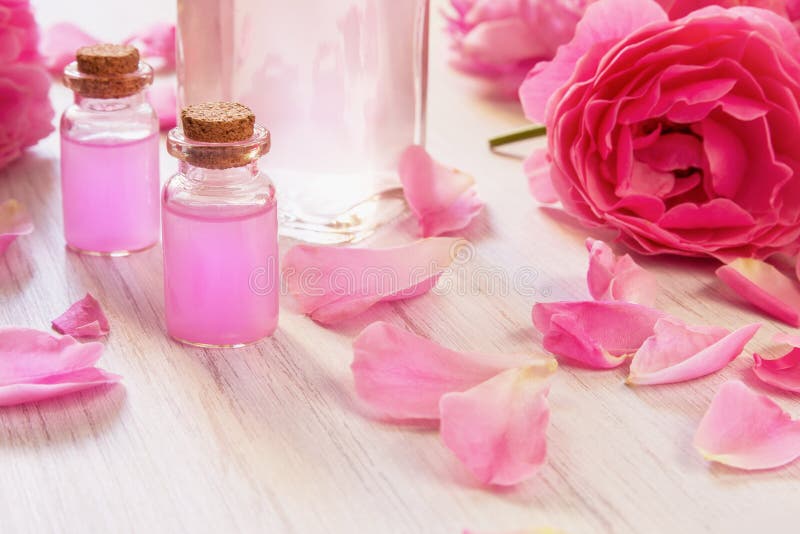 Glass bottles with rose water and oil, rose flower petals on wooden rustic background