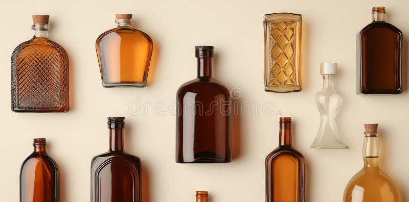 Glass bottles of various shapes, stopped with corks, are arranged in a creative display on a light background royalty free stock photos