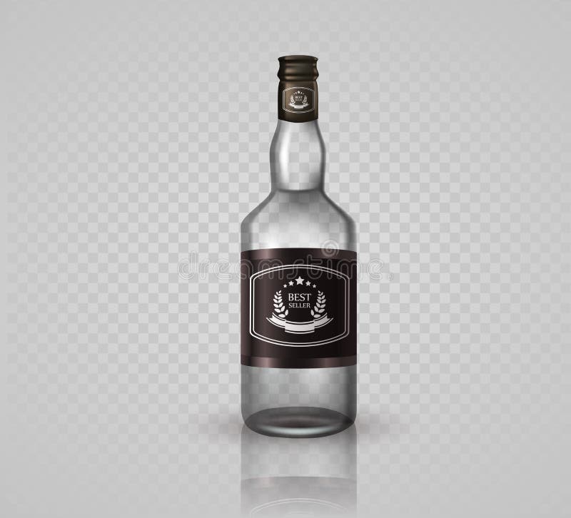 Glass brandy bottle with cap, on white background. 