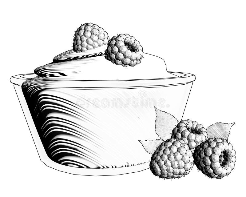 Glass bunke av den vita yoghurten med hallon som isoleras på vita lodisar royaltyfri illustrationer Glass bunke av den vita yoghurten med hallon som isoleras på vita lodisar royaltyfri illustrationer