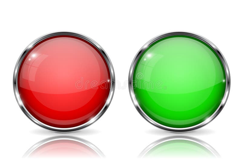 Glass buttons. Red and green round 3d buttons with metal frame. With reflection on white background royalty free illustration Glass buttons. Red and green round 3d buttons with metal frame. With reflection on white background royalty free illustration