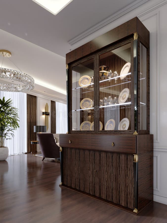 Glass Cabinet With Dishes On The Shelves And Lighting In A Modern