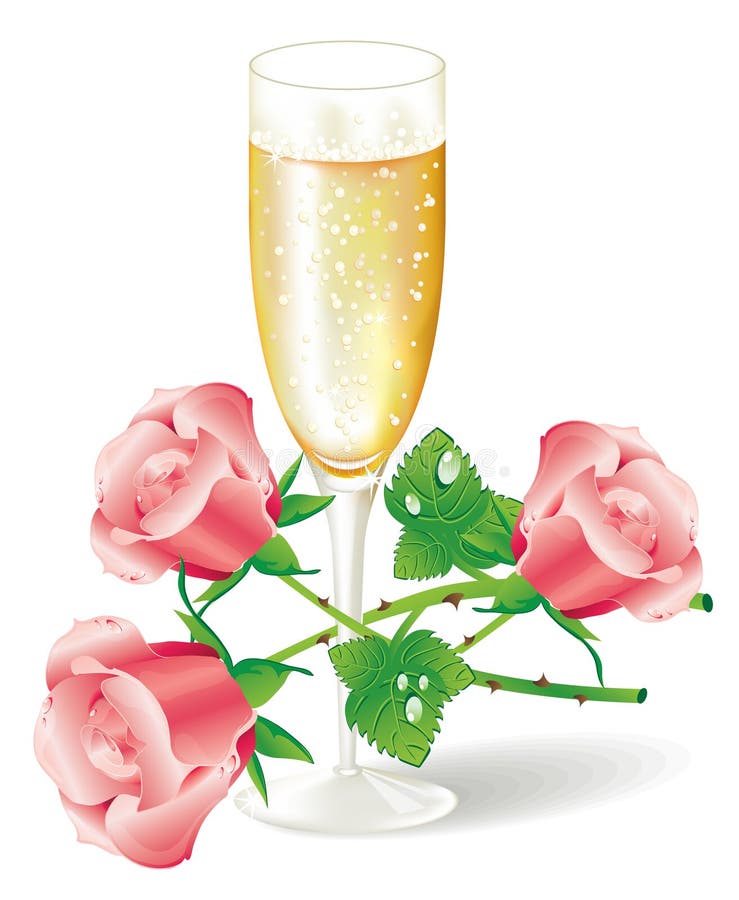 Glass of champagne with pink roses