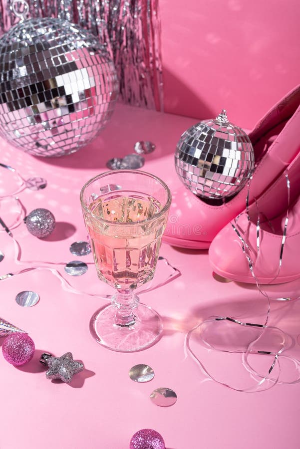 Glass of Champagne with Silver Disco Ball Stock Photo - Image of ...