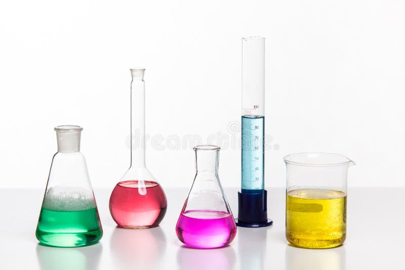 Glass in a Chemical Laboratory Filled with Colored Liquid during Stock