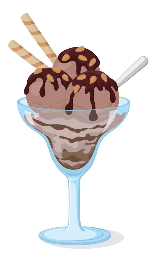 Glass with chocolate ice cream, nuts and spoon