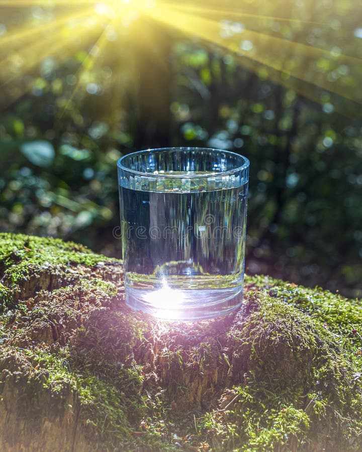 Glass of clean fresh water on tree stump with moss against green natural background. Spring ecologically pure water. World Water