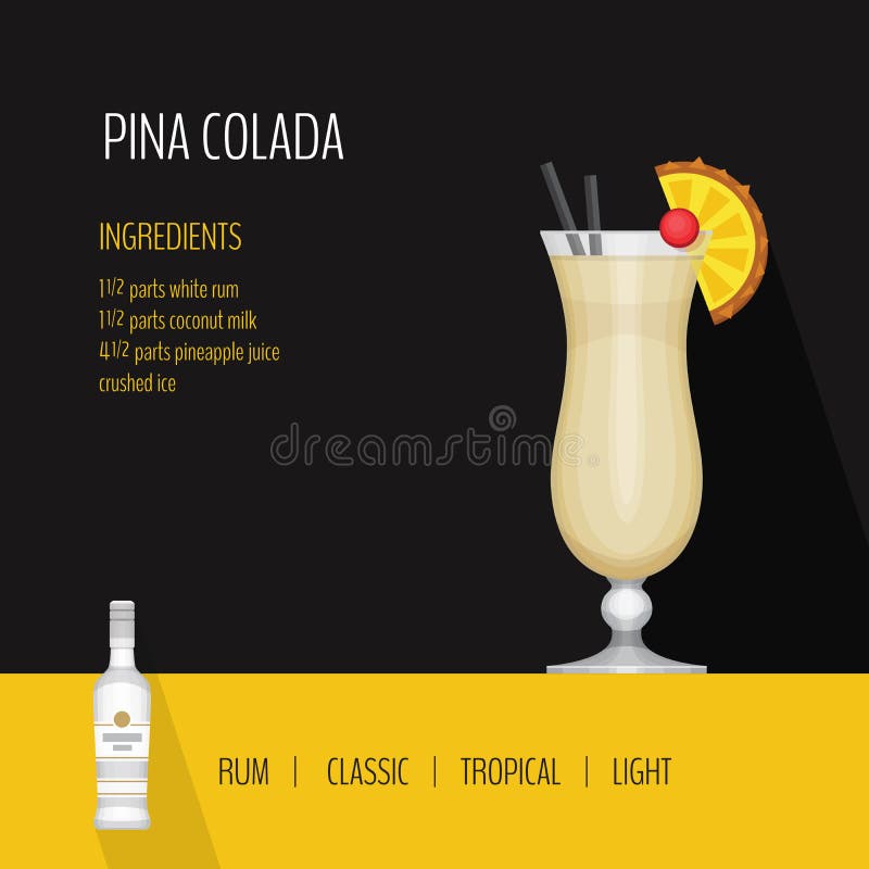 Glass of cocktail pina colada on black background. Cocktail menu