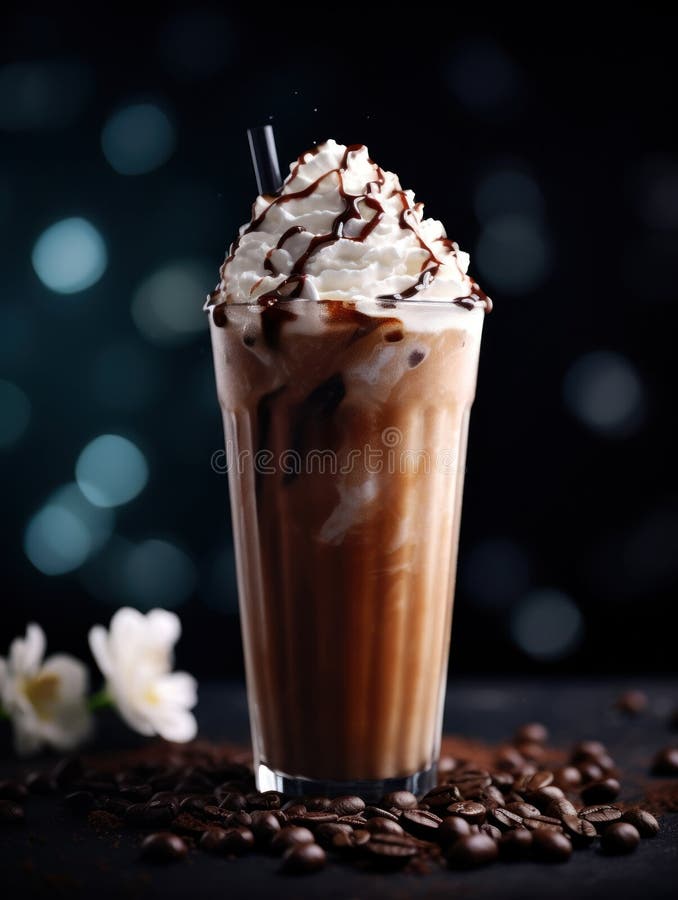 A Glass of Coffee with Whipped Cream and Coffee Beans Stock