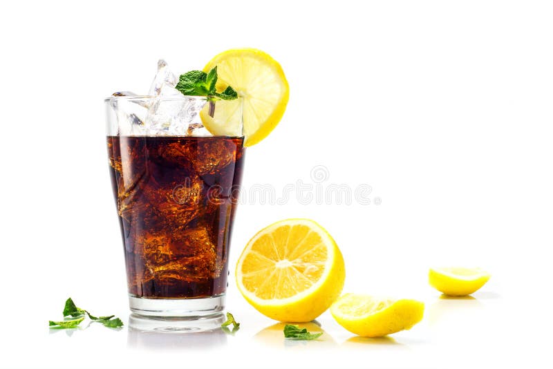 glass of cola or coke with ice cubes, lemon and peppermint garnish, isolated on white