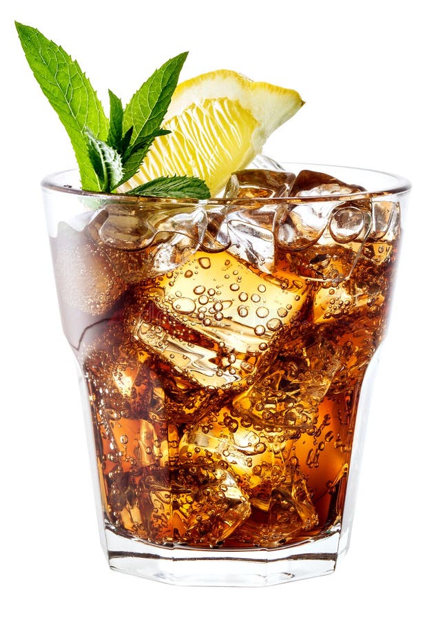 Glass of cola with ice, mint and lemon isolated on white. Clipping path