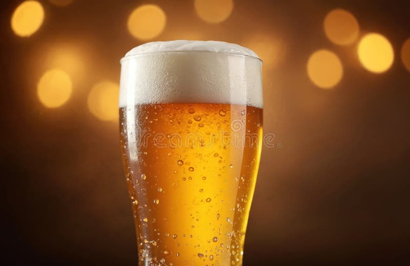 Glass cold beer foam. Golden alcoholic drink in pub. Party, celebration, holiday. Close up shot, bubbles, drops of condensation. stock images