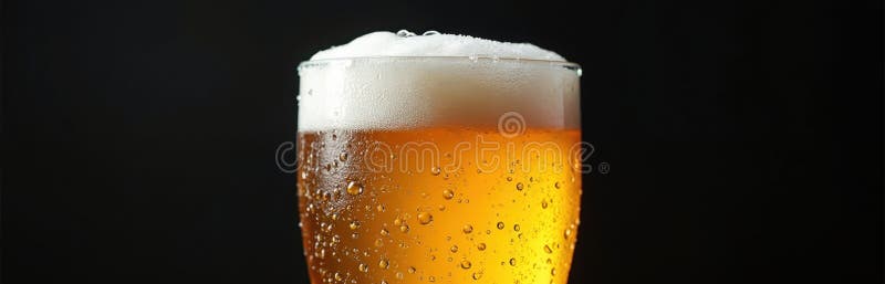 Glass cold beer with water droplets. Refreshing lager drink isolated on black background. Frothy beer with bubbles in drinking stock photography