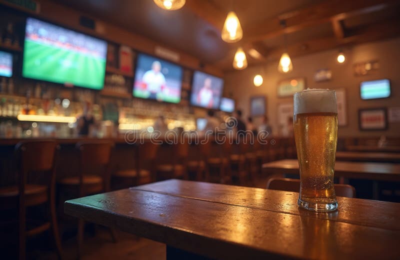 Glass cold beer on wooden table in pub. Blurred background shows bar interior, multiple tv screens with sport games on. Drinking stock image