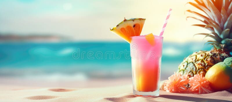 Glass with cold cocktail with pineapple on the beach. Summer vacation concept. Created with generative Ai