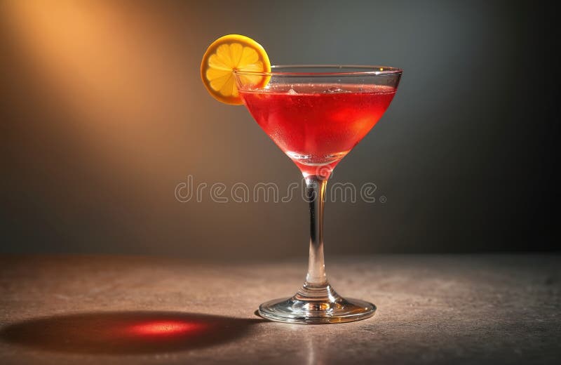 Glass cold Cosmopolitan cocktail with lemon slice on bar table. Refreshing drink with alcohol, close-up view. Traditional classic royalty free stock image