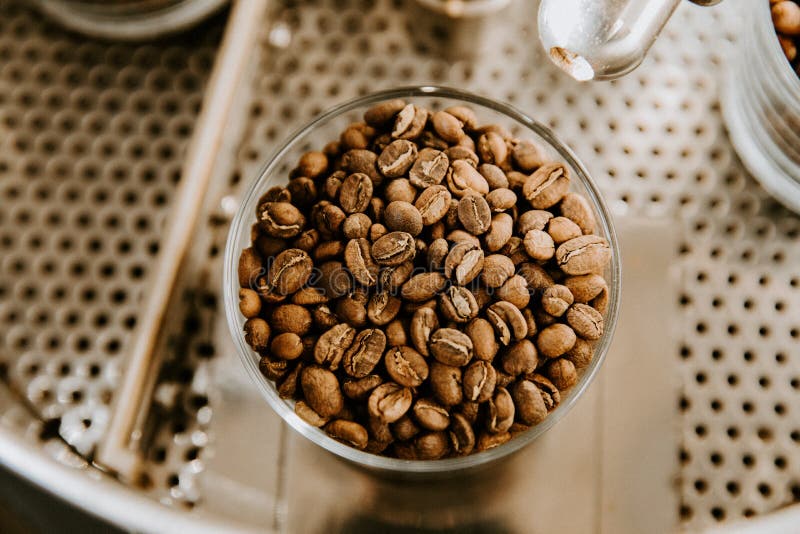 Glass Container Cups of Coffee Espresso Beans Roasted and Raw Green