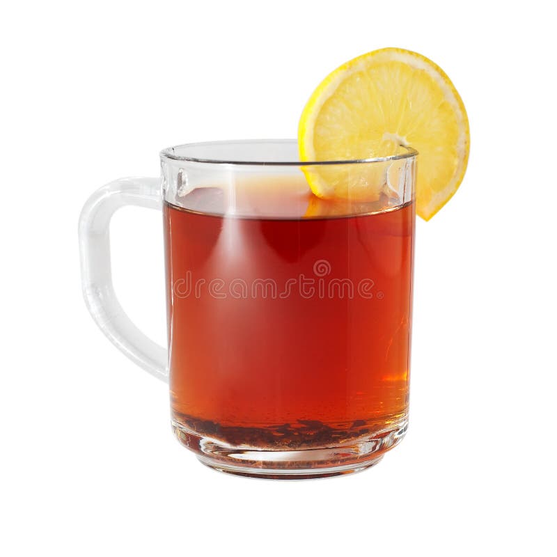 Glass cup with black tea and lemon