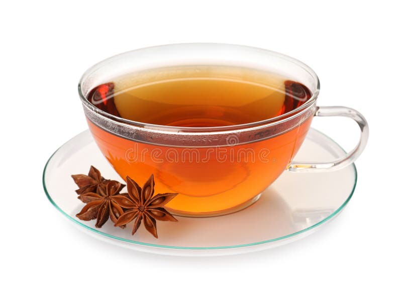 Glass Cup of Hot Tea with Anise Stars on White Background Stock Image