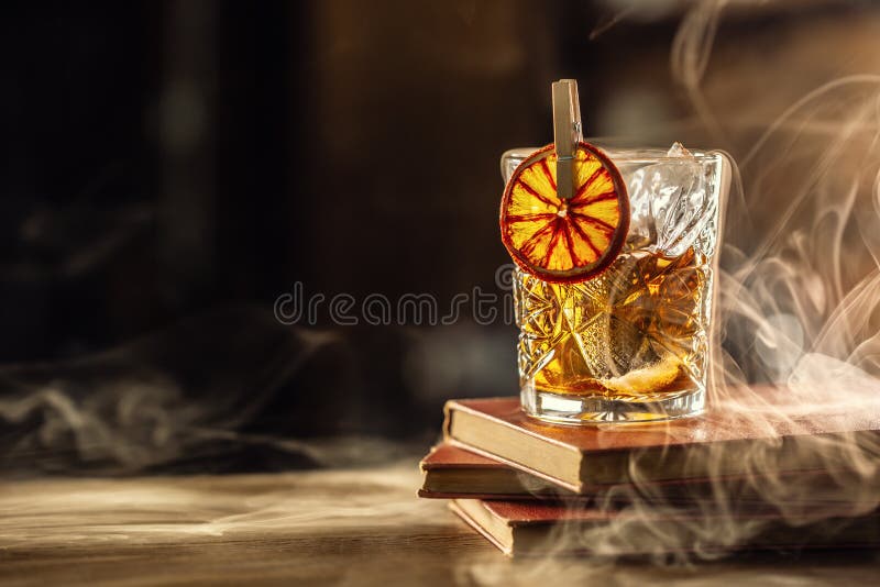 Glass Cup with Old Fashioned Cocktail in Retro Style Stock Photo