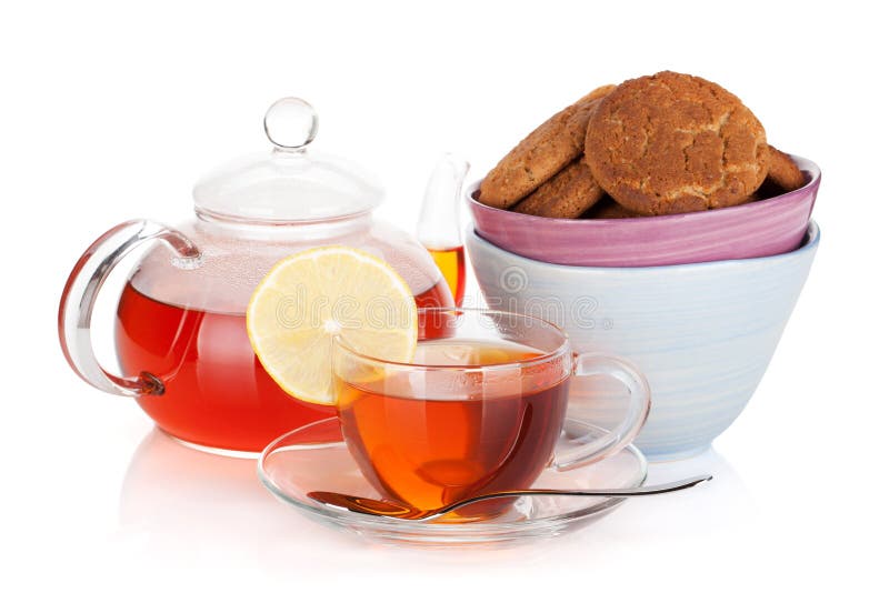Glass Cup and Teapot of Black Tea with Lemon and Cookies Stock Image