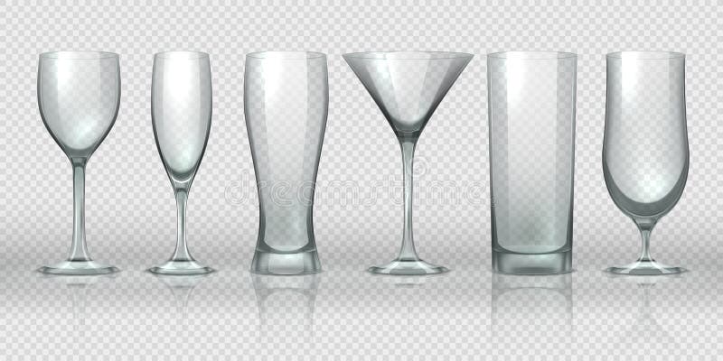 Glass cups. Empty transparent glasses and goblet mockups, realistic 3D bear pint and cocktail glassware. Vector glass