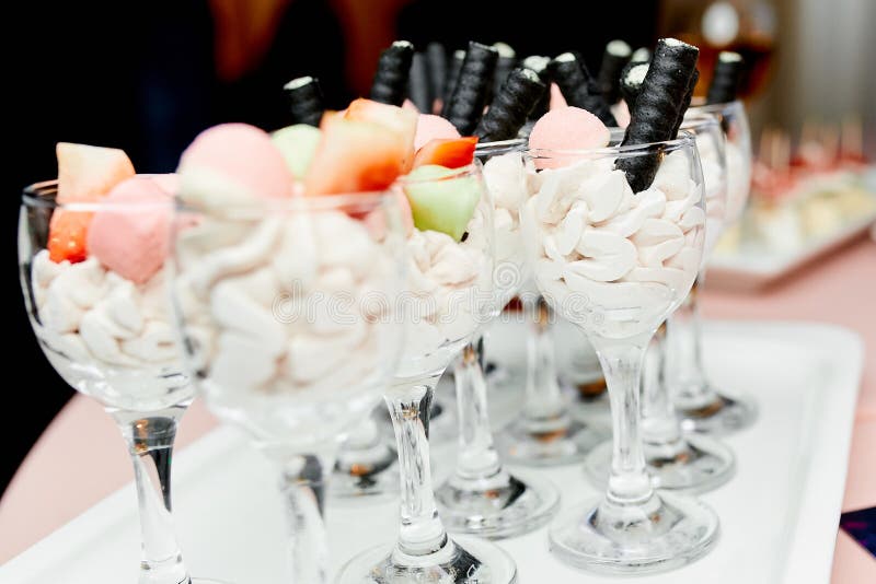 Glass Cups with Fruit Snacks and Cream on the Table Stock Image Image