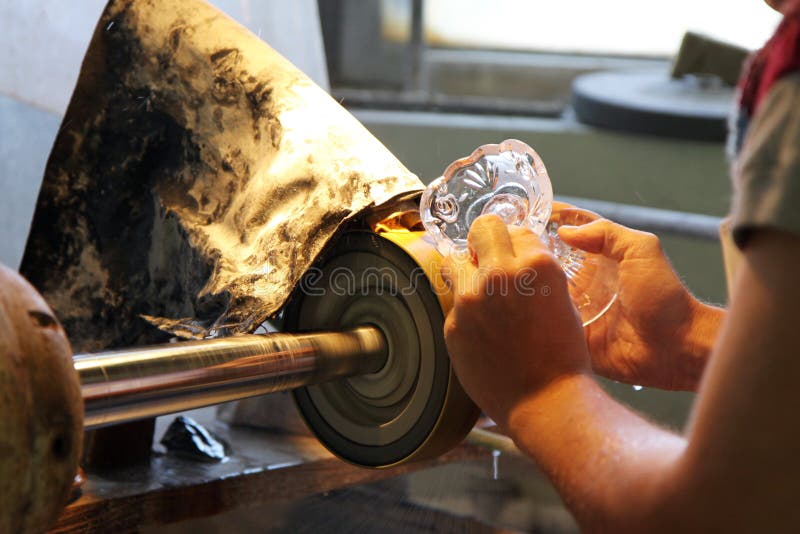 Glass-cutting in factory stock photography