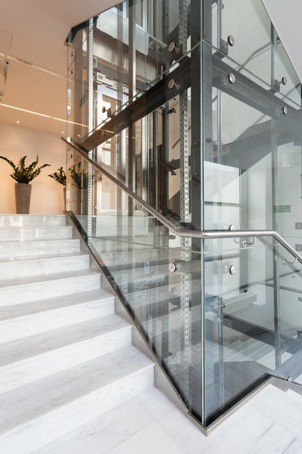 View of glass elevator in modern building