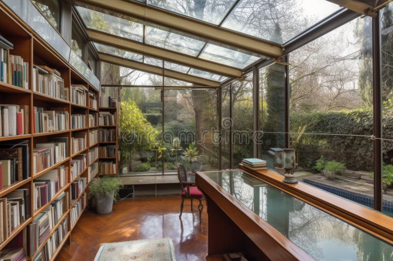 Glassenclosed Library, with Views of Tranquil Garden and Water