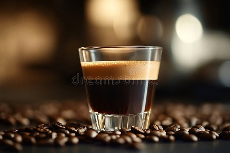 Glass of espresso coffee with coffee beans and blurred background royalty free stock photography