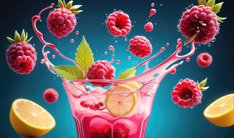 A glass filled with pink liquid has raspberries and a lemon slice floating inside stock photography