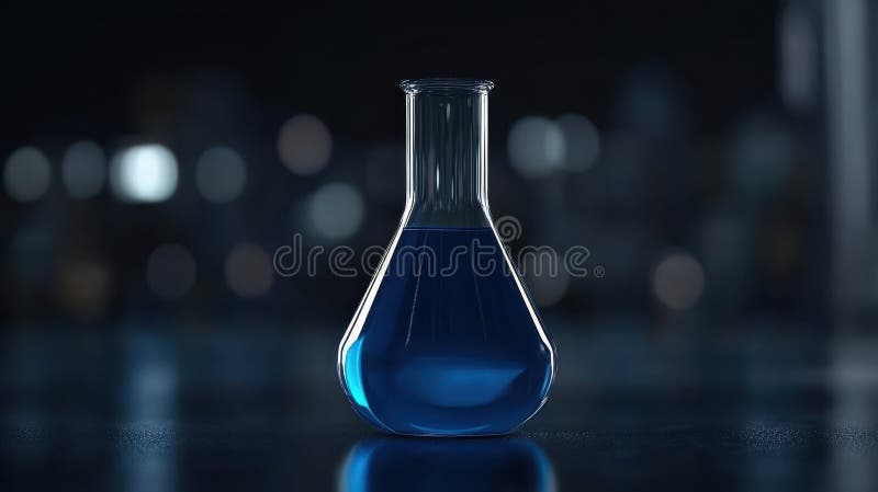 A glass flask containing a vibrant blue liquid is placed on a table, showcasing its unique color and transparency. royalty free stock photos