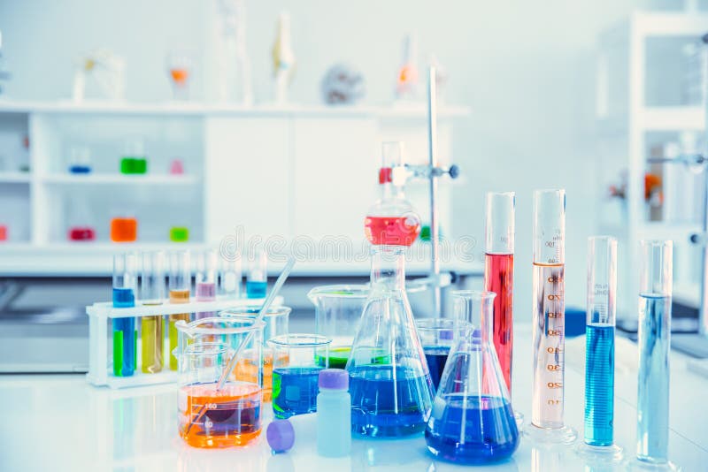 Glass Flask in Science Chemical Laboratory or Medical Research Lab with  Colorful Liquid for Background Stock Photo - Image of health, covid19:  179479694