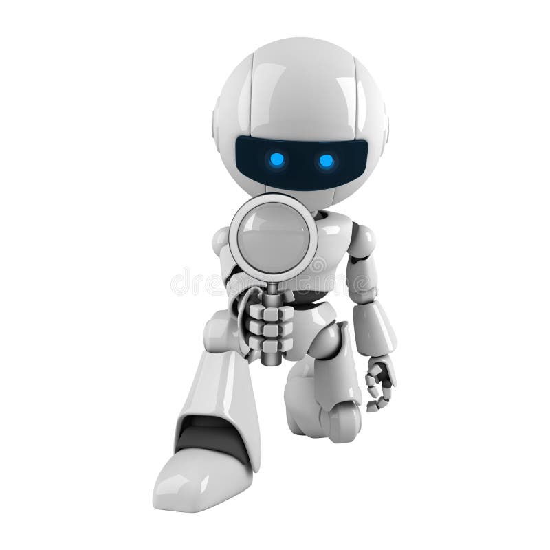 Glass förstorande robotwhite royaltyfri illustrationer